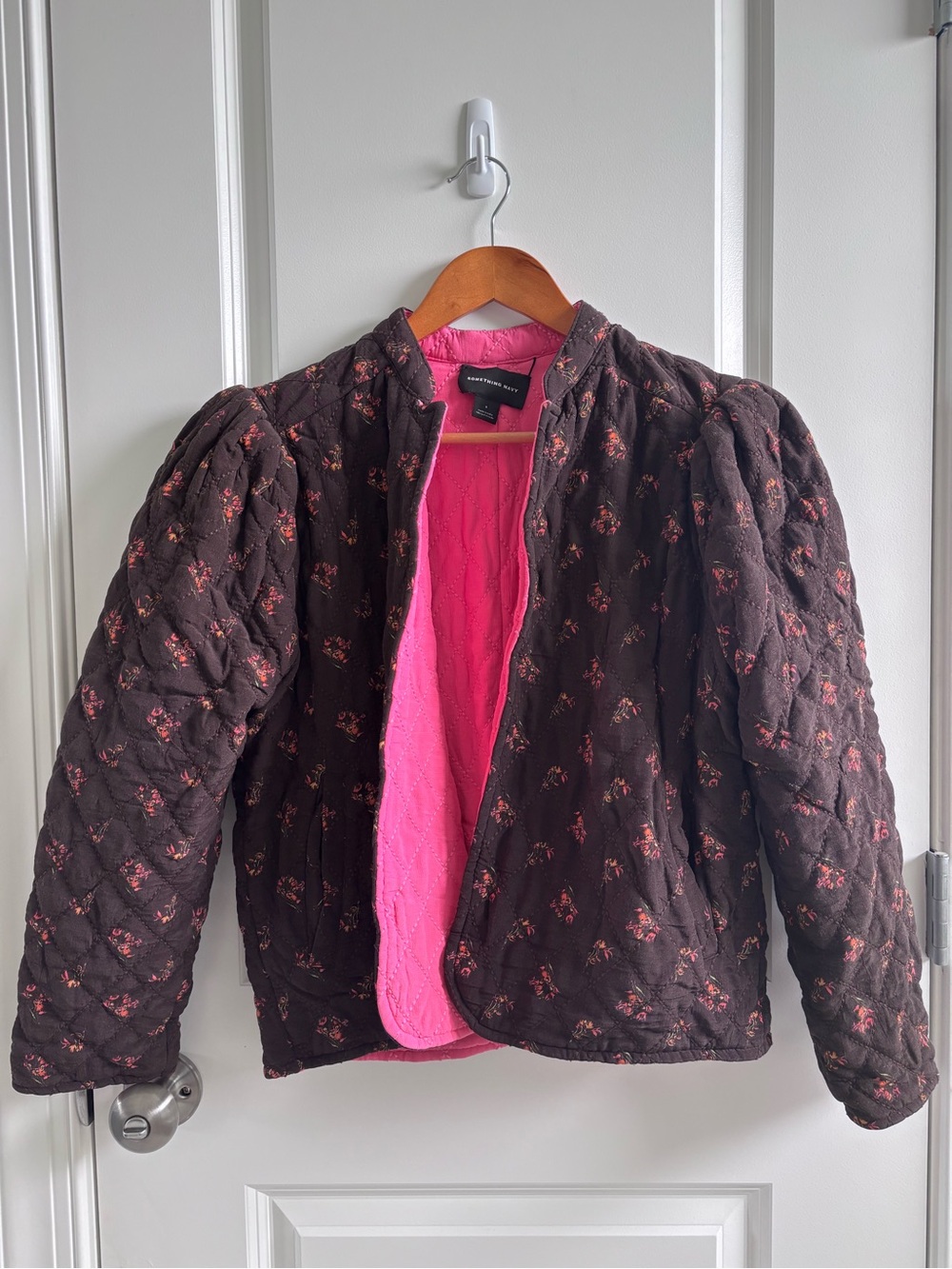 Something Navy Jacket Womens Small Quilted Floral Cottage Reversible Puff Sleeve